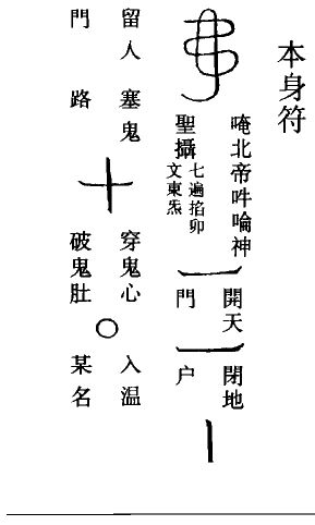 《道法会元》卷二百五十四温元帅本身符：一个简单的符形，各笔旁注开天、闭地、门、户、留人、塞鬼、门、路、穿鬼心、破鬼肚、入温、某名。